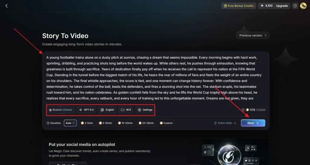 enter video script and settings