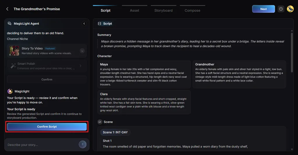 checking generated cartoon script details