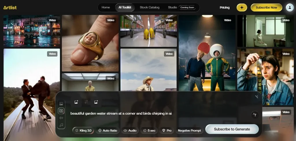 Интерфейс Artlist AI Video Generator