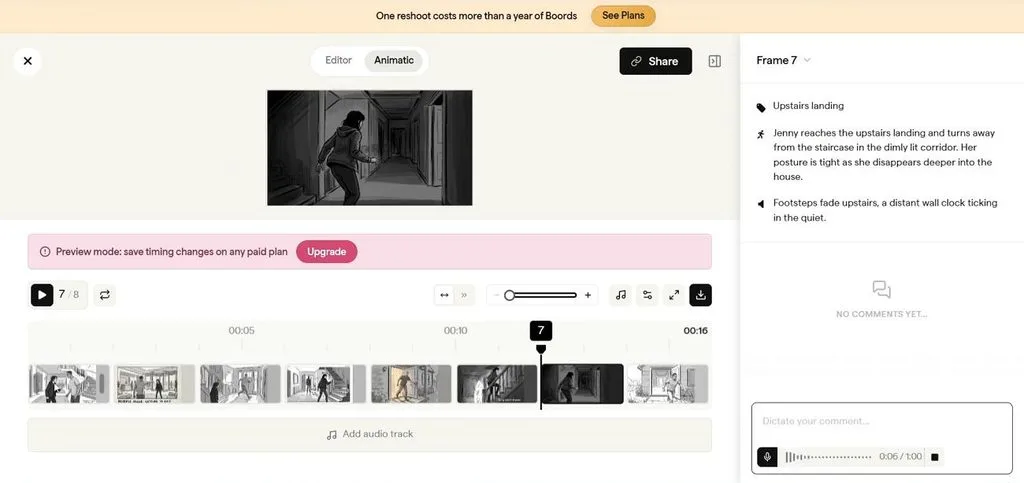 timed storyboard sequence with comments