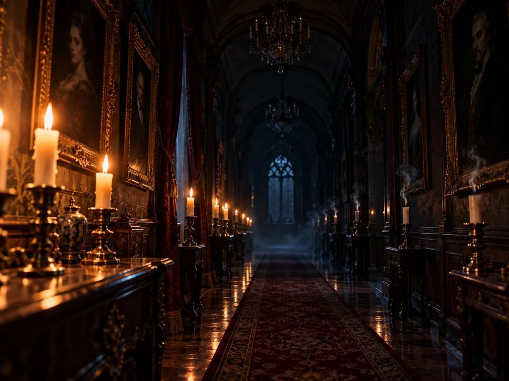 candles illuminate an abandoned mansion hallway
