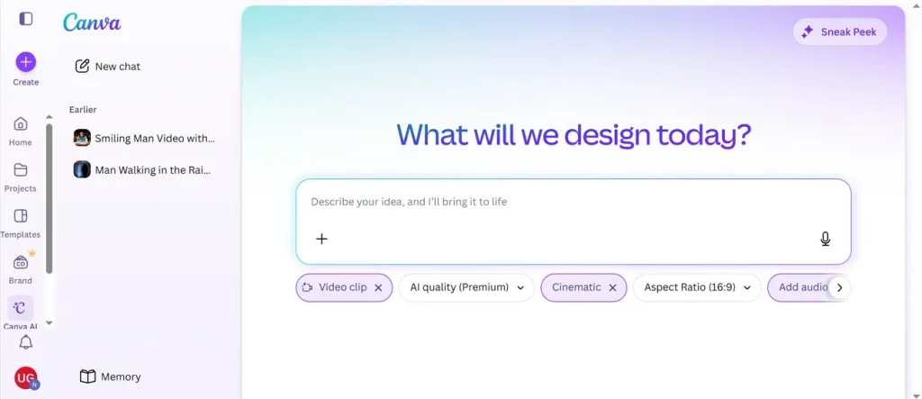 Интерфейс генерации видео в Canva AI