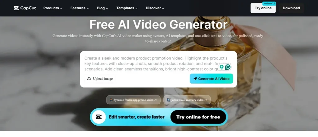 Интерфейс генератора видео CapCut AI