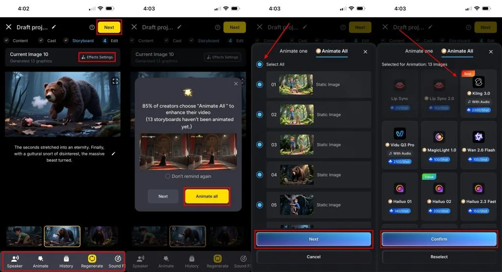 Правка кадров раскадровки в MagicLight