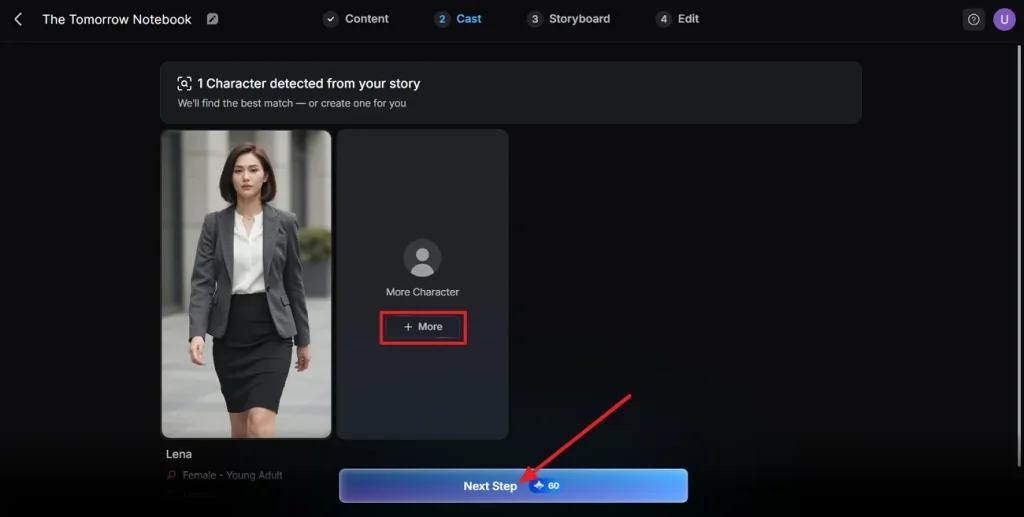 Выбор персонажа видео в Magiclight AI