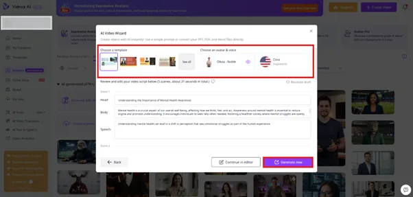 Выбор шаблонов и голосов в Vidnoz