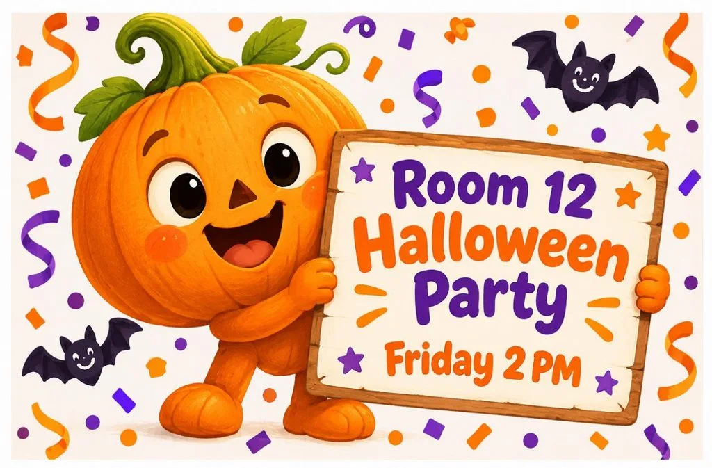 smiling pumpkin holding celebration sign