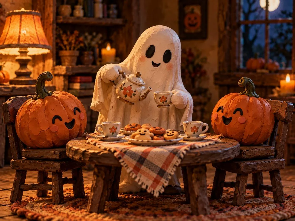 smiling ghost serving tea to pumpkins