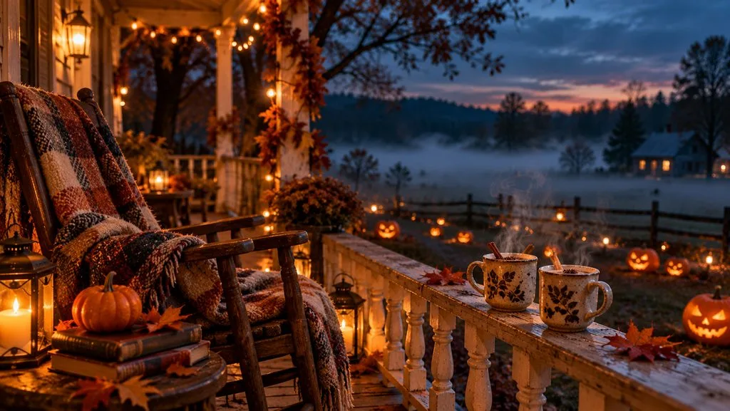 steaming mugs beside glowing pumpkins