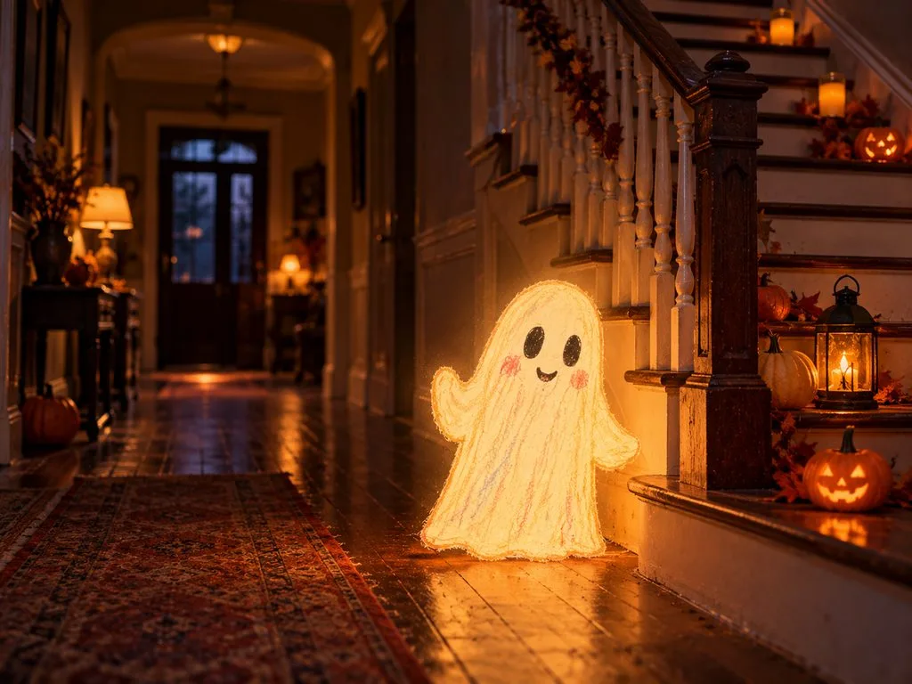 glowing ghost standing near wooden stairs
