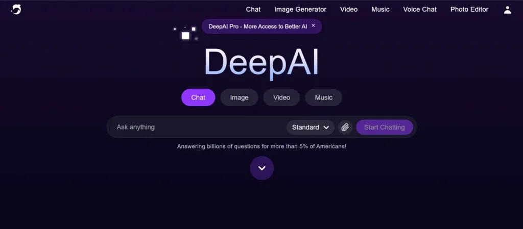 Главный интерфейс DeepAI