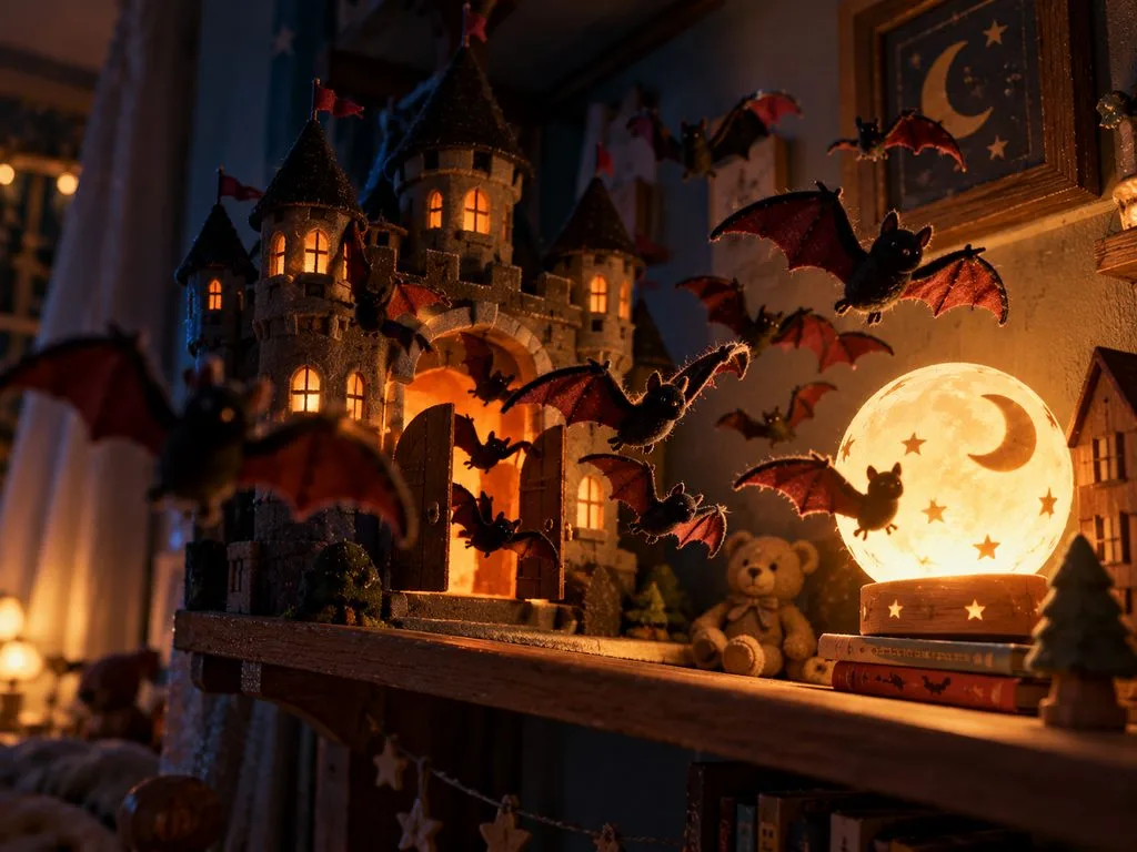 tiny bats flutter around glowing lamp