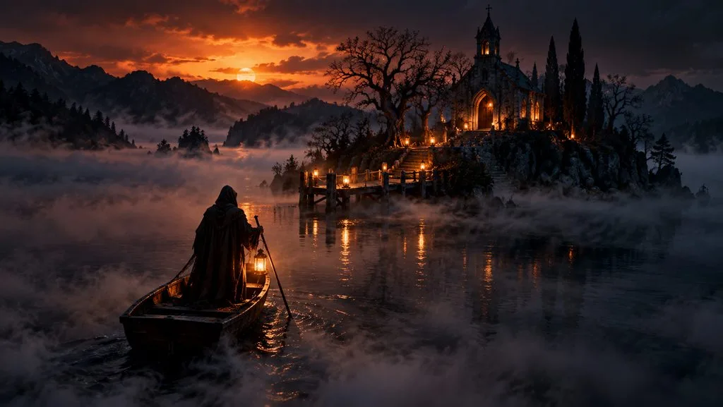 hooded ferryman approaching a haunted island