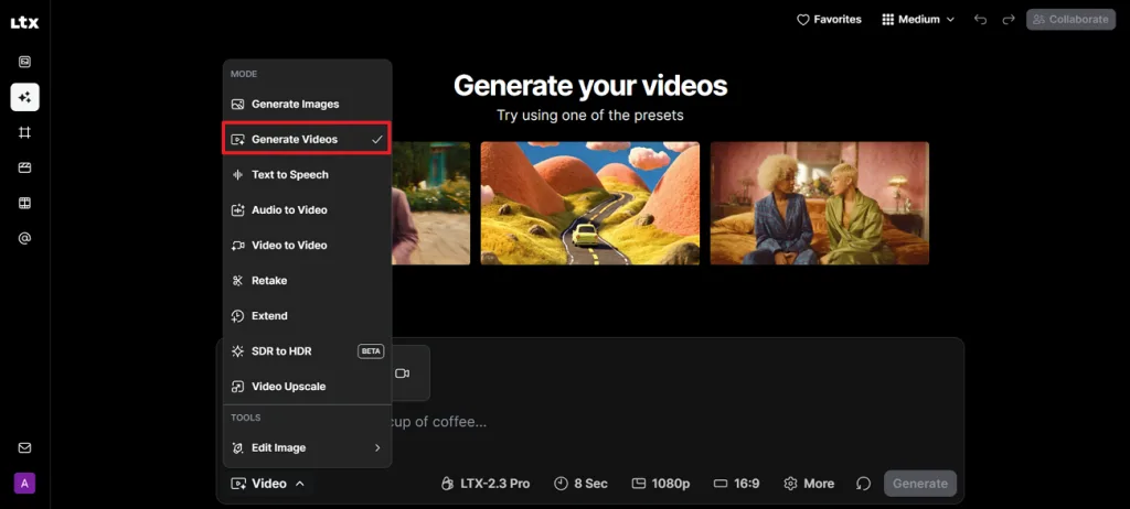 Выбрать режим Generate Videos
