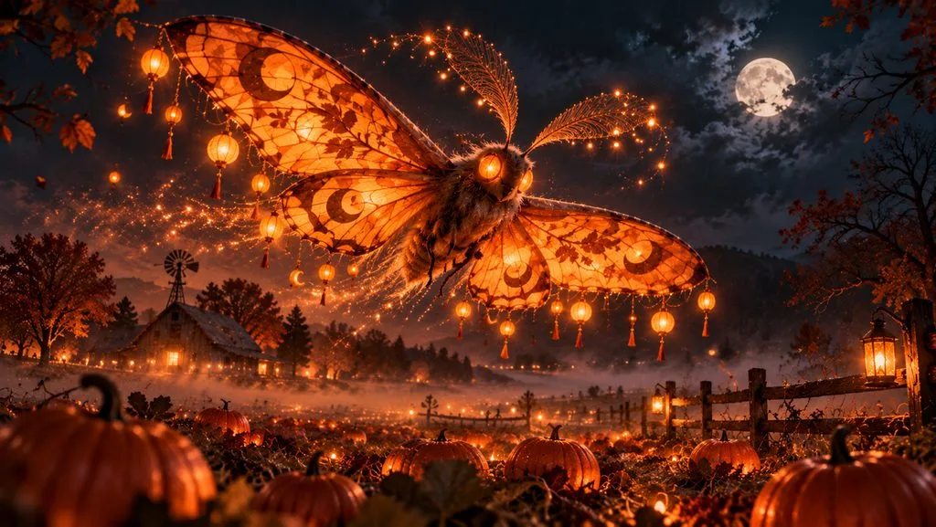 giant luminous moth above pumpkins