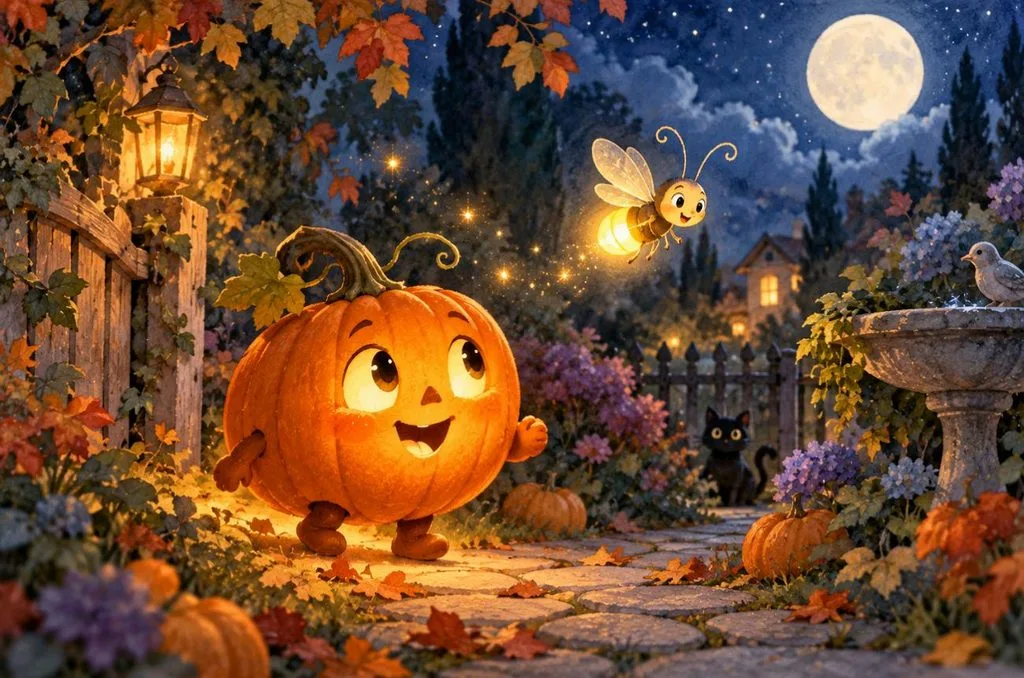 friendly jack o lantern exploring garden