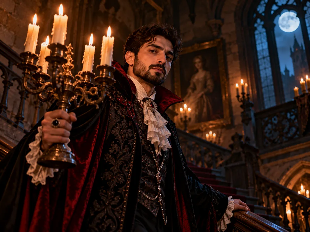 bearded man holding candlelit candelabra