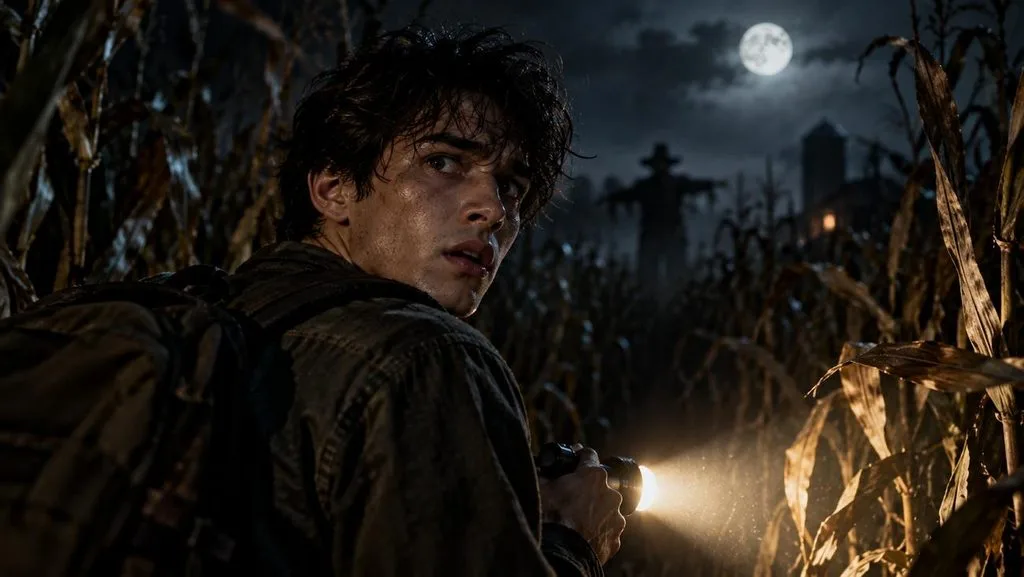 frightened man holding flashlight at night
