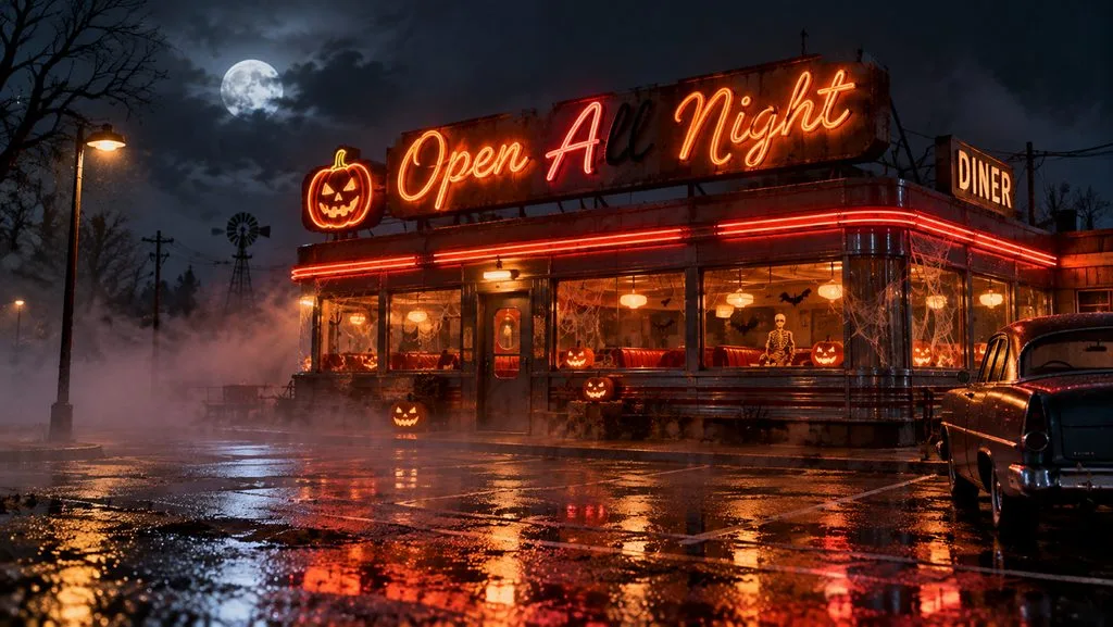 glowing diner sign above foggy street