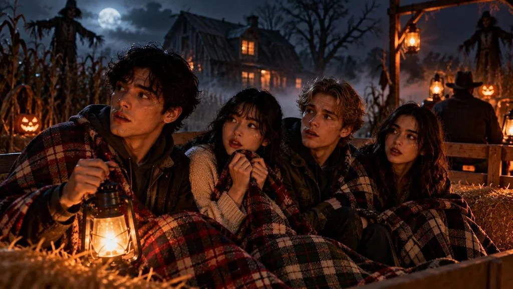 friends ground riding spooky hayride