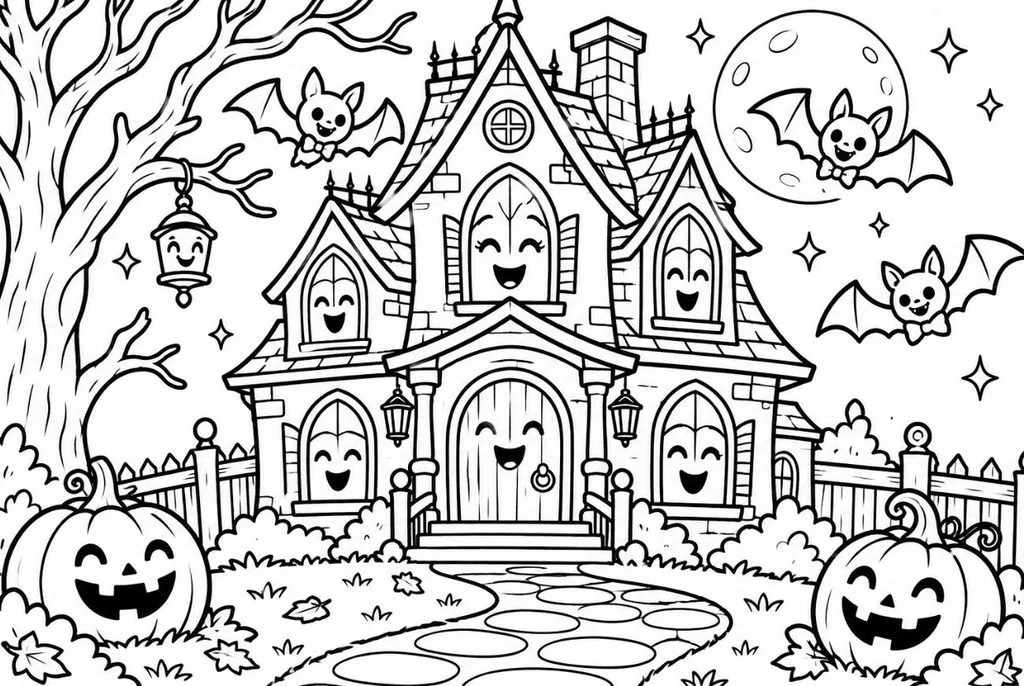 cheerful mansion with smiling pumpkins