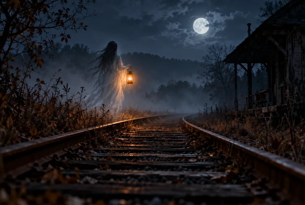 mysterious figure beside moonlit railway