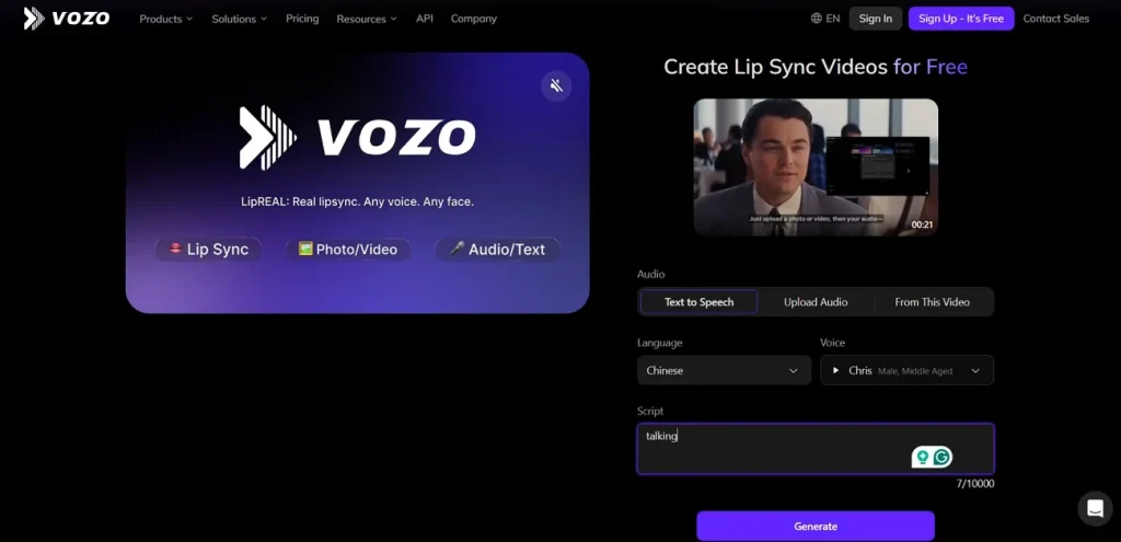 Генерация видео с липсинком в Vozo AI