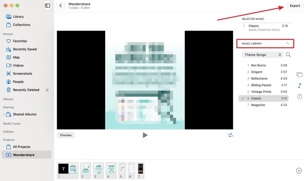 selecting song before slideshow export