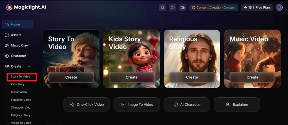 Sélectionner Story to Video dans Magiclight AI