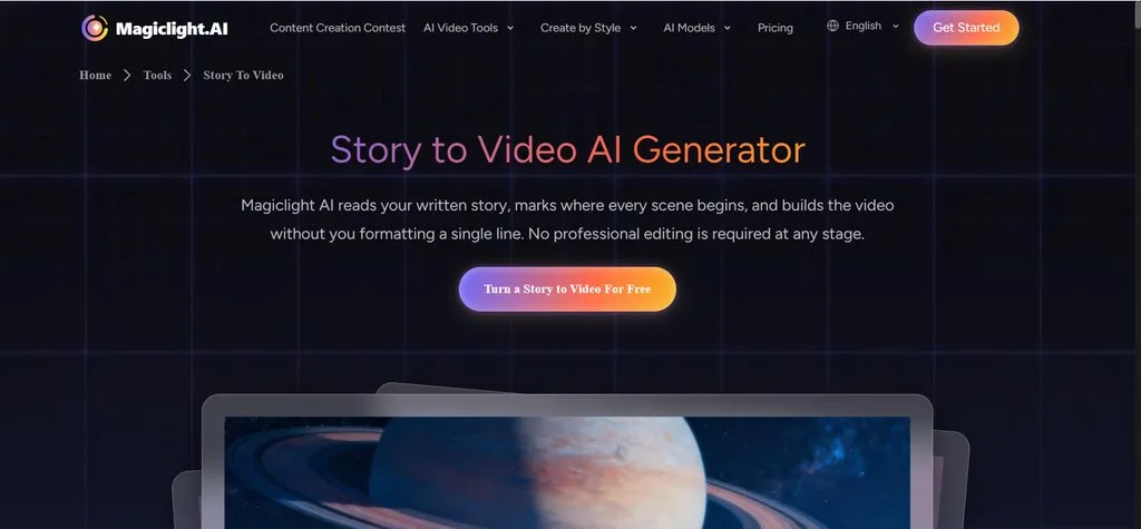 Страница генератора истории в видео Magiclight AI