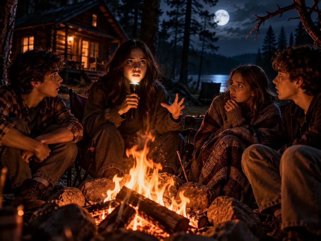 campers listen to spooky fireside tale