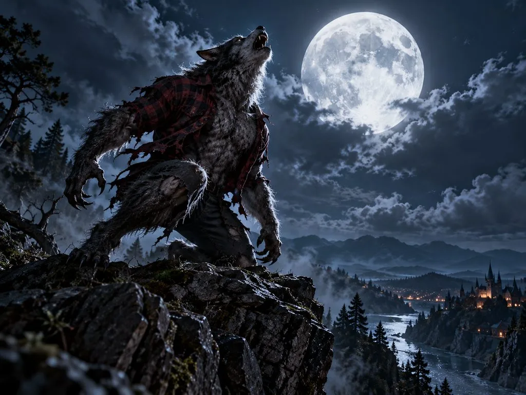 gray werewolf howl beneath full moon
