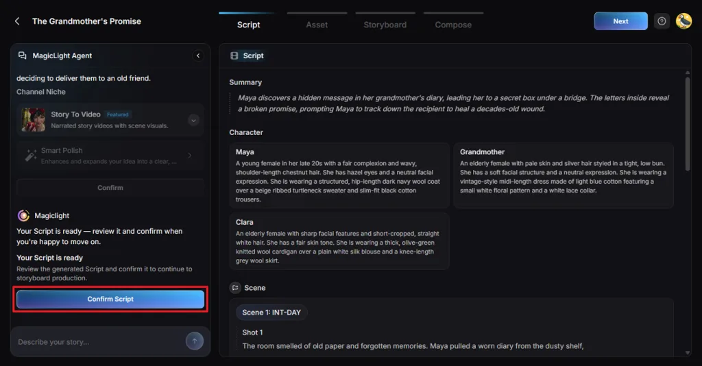 review story details before script confirmation