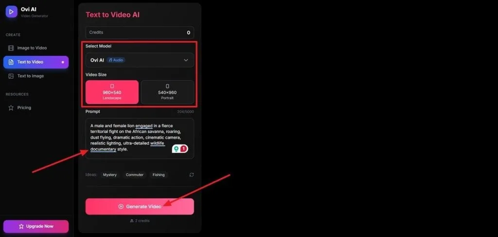 Выбор режима text-to-video в Ovi AI
