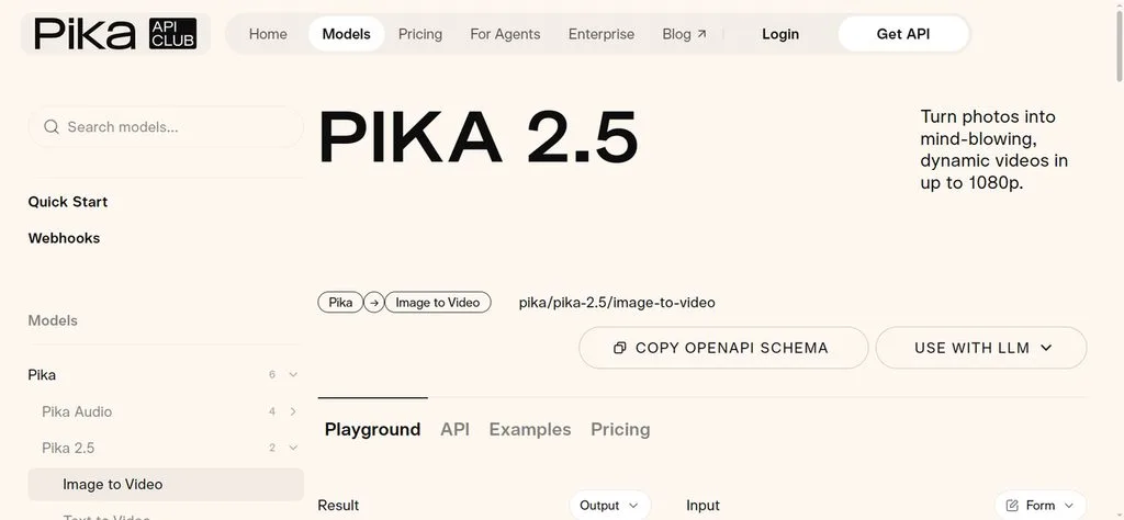 Интерфейс playground моделей Pika 2.5