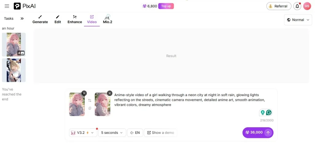 Interface image to video de PixAI