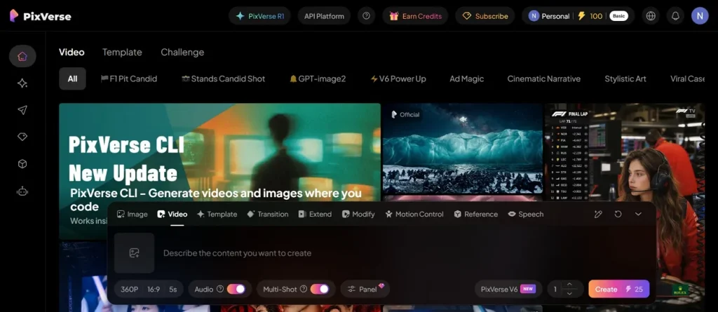 Главная панель PixVerse AI