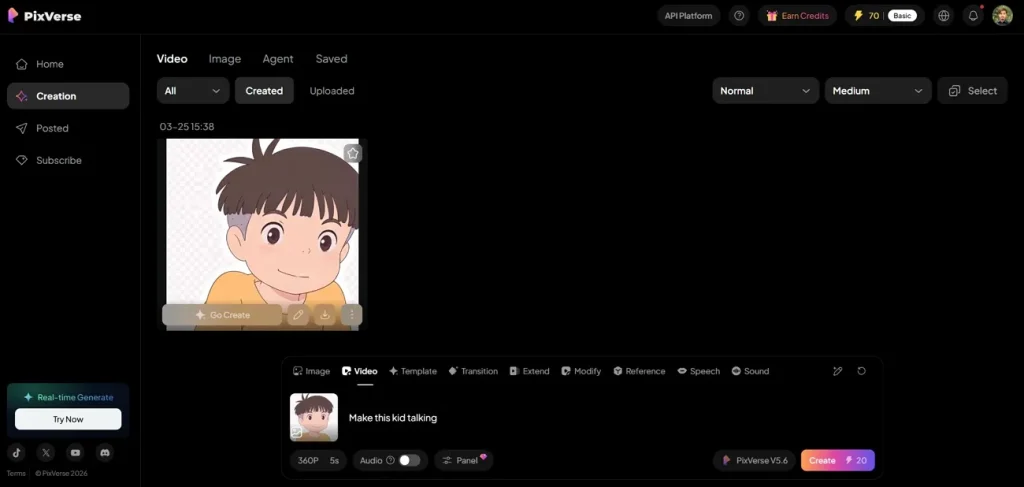 Инструмент PixVerse «изображение в видео»