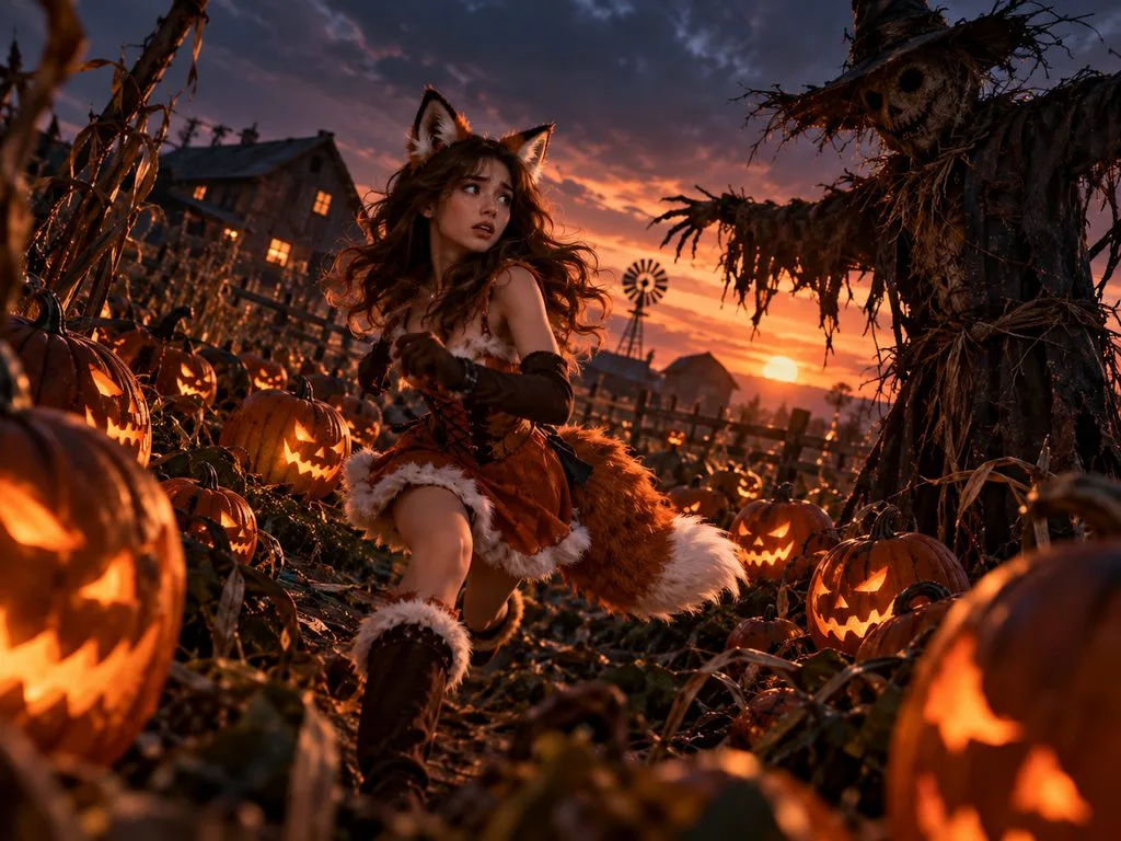frightened woman flee through glowing pumpkins