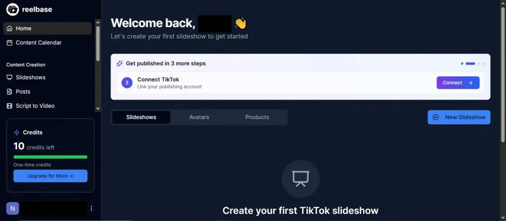 Дашборд слайдшоу TikTok в Reelbase