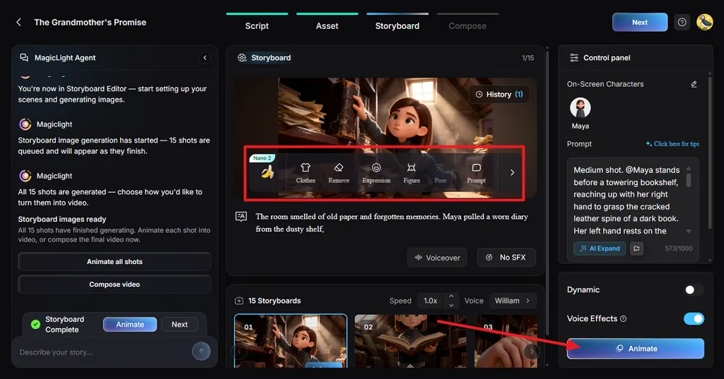 adjust individual storyboard shots