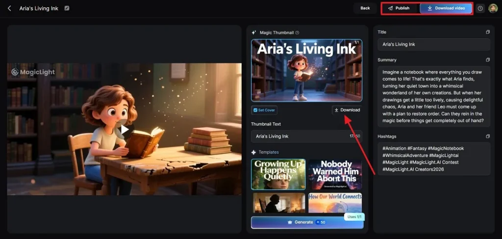 Télécharger ou publier la vidéo dans Magiclight AI