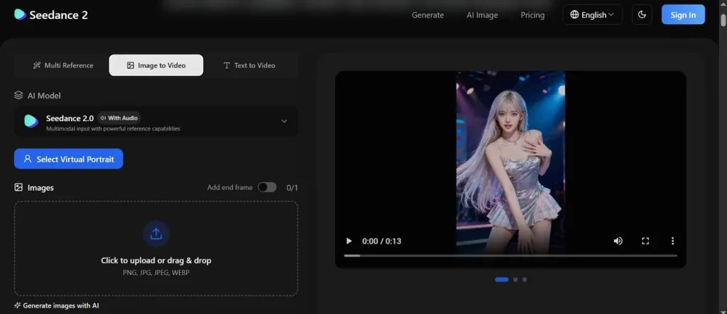 Главная панель генератора видео Seedance AI