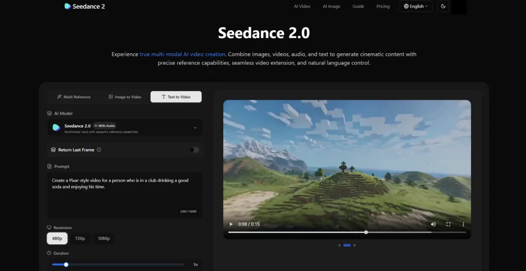 Главная панель видеогенератора Seedance AI