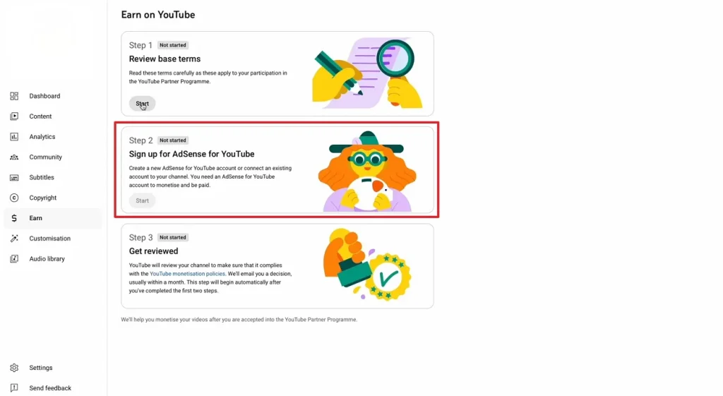Запросите подключение AdSense в YouTube Studio