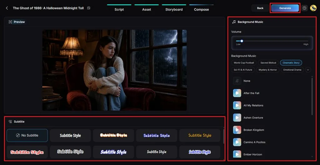 set captions with eerie music