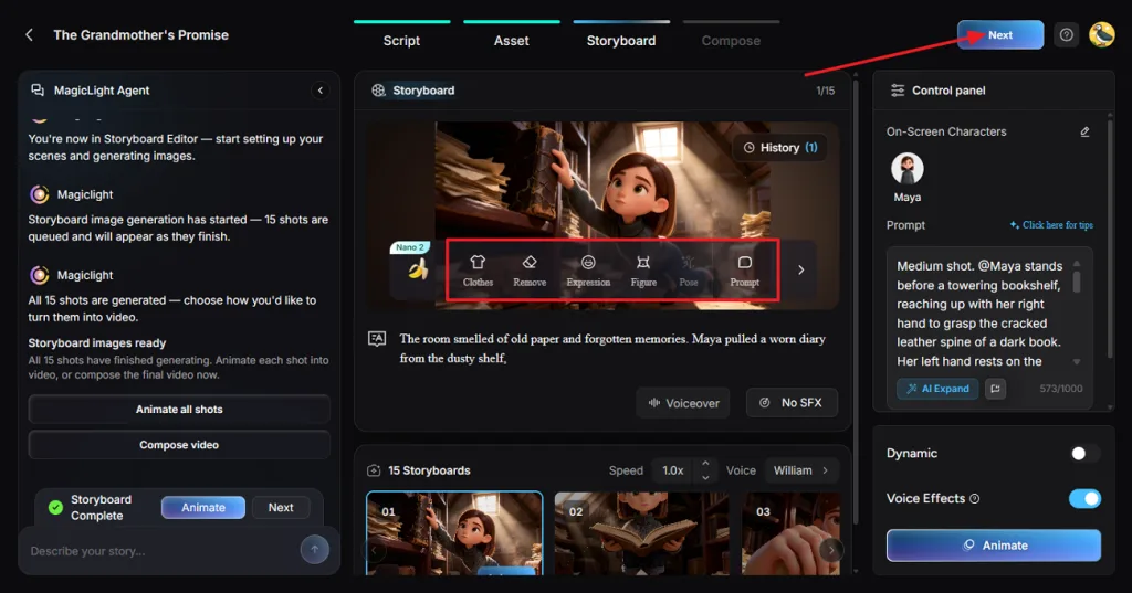 adjust character poses within storyboard editor