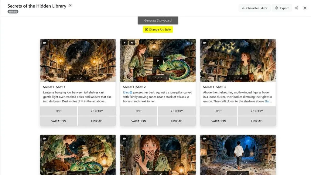 generated fantasy storyboard scene grid