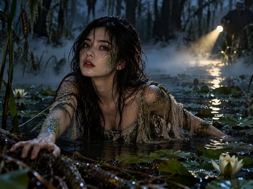 woman emerging from dark swamp