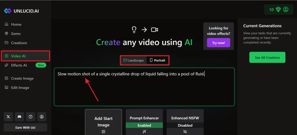 add prompt unlucid ai video generator